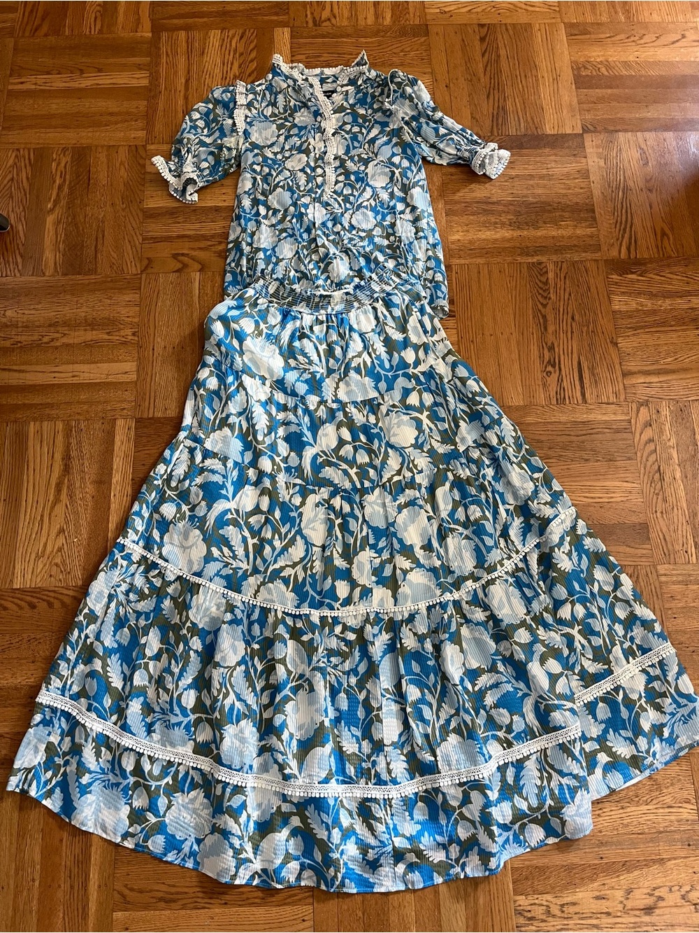 ME+EM Blue and White Floral Tiered Maxi Dress
